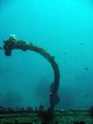 Wrack of steel Dutch merchant ship, sunk in 1942. Diving around Bunaken island, Molas Wreck dive site. Sulawesi,  Indonesia.