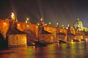 Special lighting at Charles Bridge during Orange Day, Praha. Czech Republic.