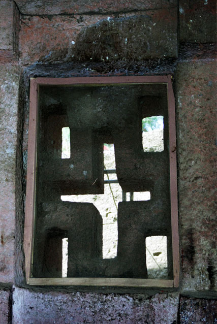 Window in stone church at Lalibela. North,  Ethiopia.