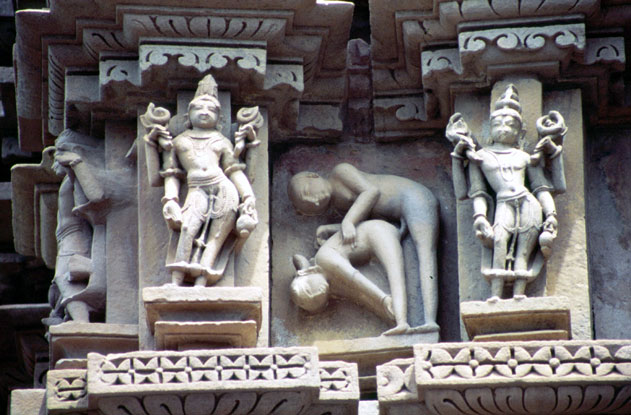 Erotic decoration of Khajuraho temples. India.