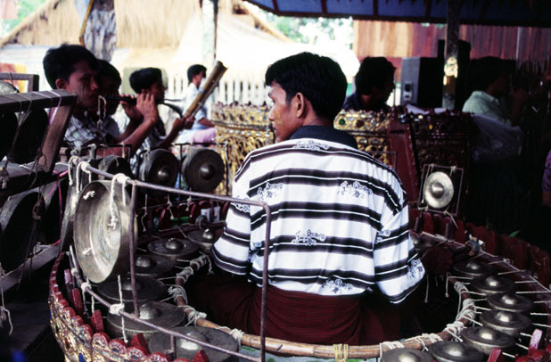 Music band playing at Nat festival. Myanmar (Burma).