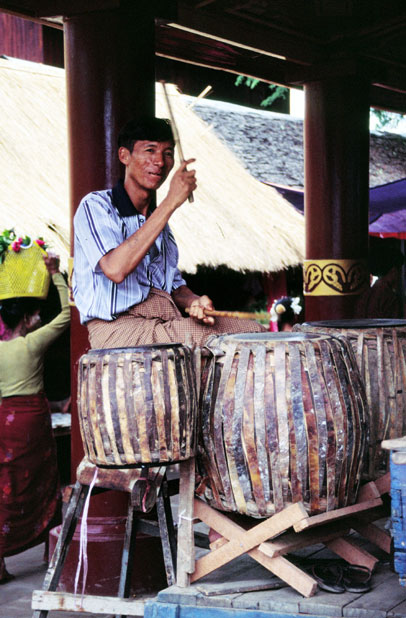 Music band playing at Nat festival. Myanmar (Burma).