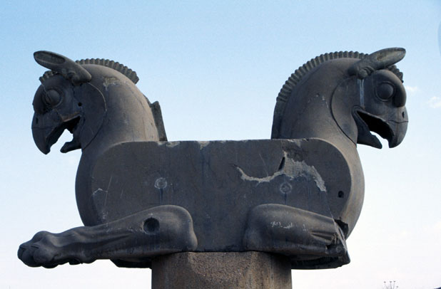 Griffin-headed beasts that stand guard over the Persepolis ruins. Iran.