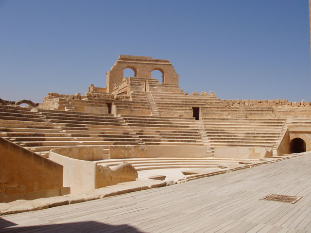 Archaeological Site of Sabratha, Phoenician trading-post was part of the Numidian Kingdom of Massinissa before being Romanized and rebuilt in the 2nd and 3rd centuries A.D. Libya.