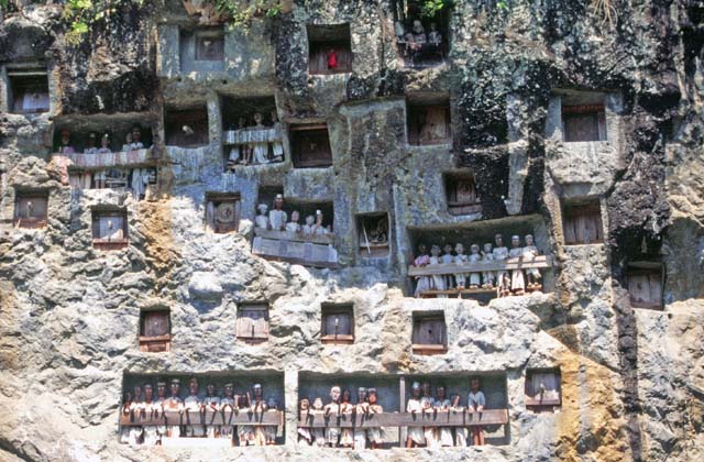 Traditional graves at Lemo village. Tau tau figures can be seen at galleries in front of graves. Tana Toraja area. Sulawesi,  Indonesia.