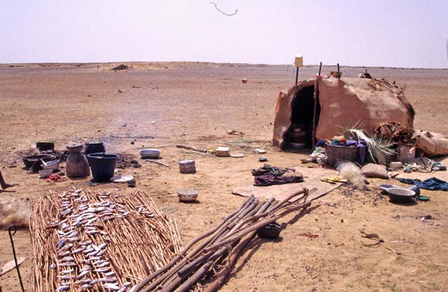 Simple house of local semi-nomad people. One whole family lives here. Mali.