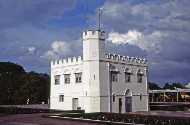 Colonial legacy at Kuching city. Square Tower at waterfront. Sarawak,  Malaysia.
