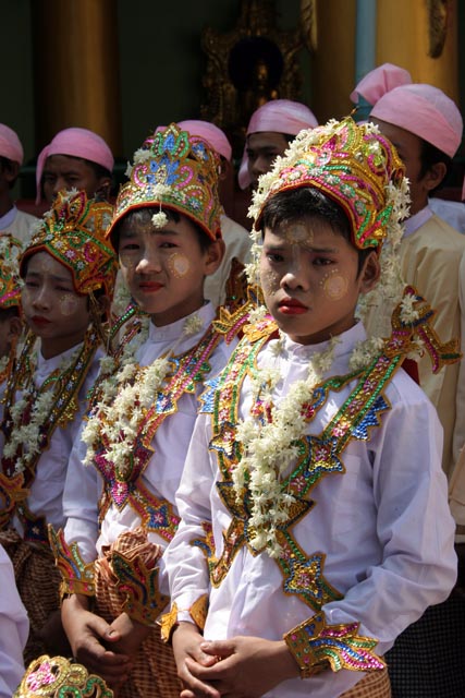 Novitiation ceremony at Shwedagon Paya, Yangon. Myanmar (Burma).