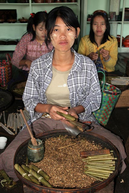 Hand made local Burmese cigars called cheroots, Inle Lake. Myanmar (Burma).
