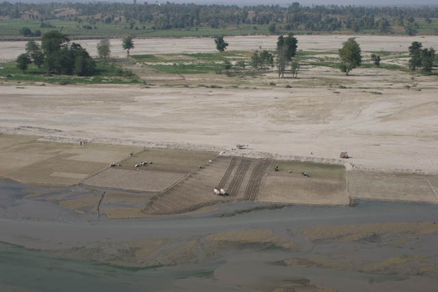 Farming fields at dry banks of river. On the way to Chin State. Myanmar (Burma).