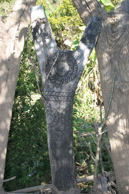 Y-shaped wooden pole is ceremonial and sacrifice place (it is used for example during funeral). Chin State. Myanmar (Burma).