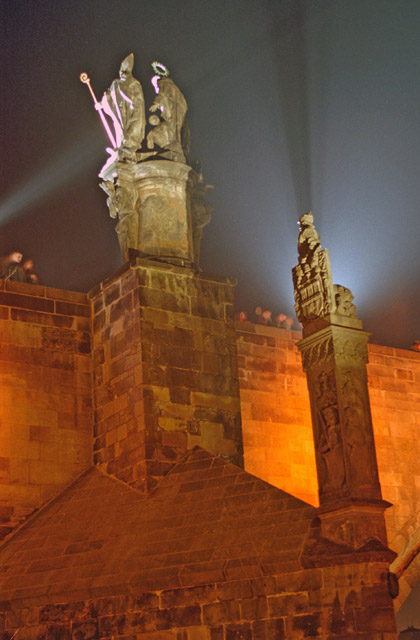 Special lighting at Charles Bridge during Orange Day, Praha. Czech Republic.