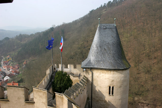 Karlstejn Castle. Gothic castle founded in 1348 by Charles IV. The castle served as a place for safekeeping of royal treasures, the Empire coronation jewels and holy relics. Czech Republic.