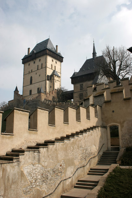 Karlstejn Castle. Gothic castle founded in 1348 by Charles IV. The castle served as a place for safekeeping of royal treasures, the Empire coronation jewels and holy relics. Czech Republic.