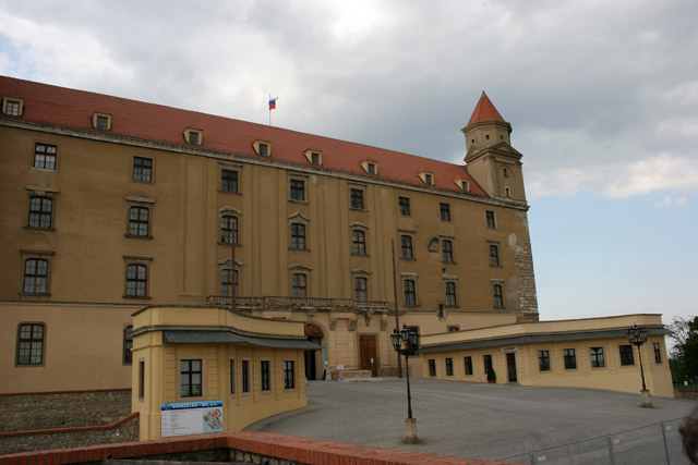 Bratislava Castle from 13th century is massive rectangular building with four corner towers. The Castle is located on the top of the hill of the Little Carpathians directly above the Danube river in the middle of Bratislava. Slovakia.