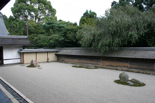 Famous karesansui (dry landscape) rock garden inside Ryoan-ji temple. It has been built in the late 1400s. Kyoto. Japan.