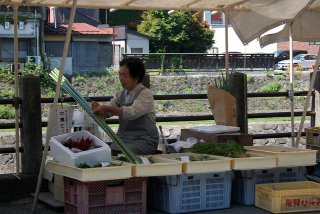 Market Miya-gawa and street vendor at Takayama town. Japan.