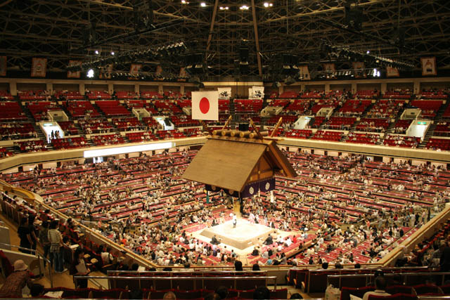 Inside of sumo arena. Arena is called Ryogoku Kokugikan or Sumo Hall. Tokyo. Japan.