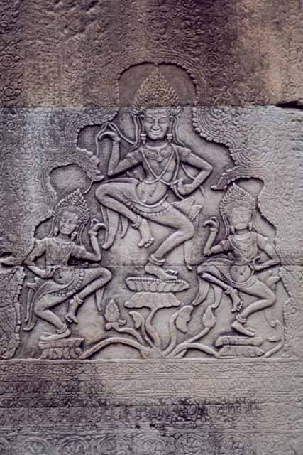 Paintings in Bayon temple. Angkor Wat area. Cambodia.