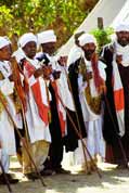 Monks during Timkat.They are waiting for procession. Lalibela. Ethiopia.
