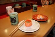 Sushi inside sushi restaurant. Fukuoka city. Japan.