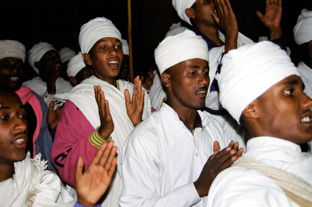 Singing monks during Timkat. Lalibela. North,  Ethiopia.