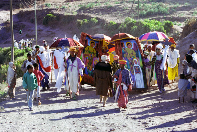 Going to place where main Timkat procession was formed. Lalibela. North,  Ethiopia.