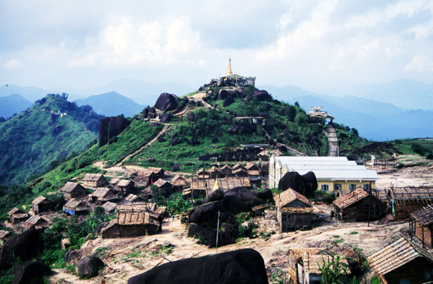 View to local villages from holy stupa at Kyaiktiyo. Myanmar (Burma).