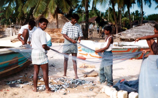 Fishermen on the beach in Arugam Bay. Sri Lanka.