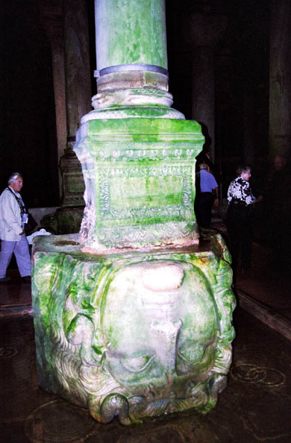 Medusa head, Basilica Cistern, constructed in 532 by Emperor Justinian is 70m wide and 140m long. The roof is supported by 336 collumns. Istanbul. Turkey.
