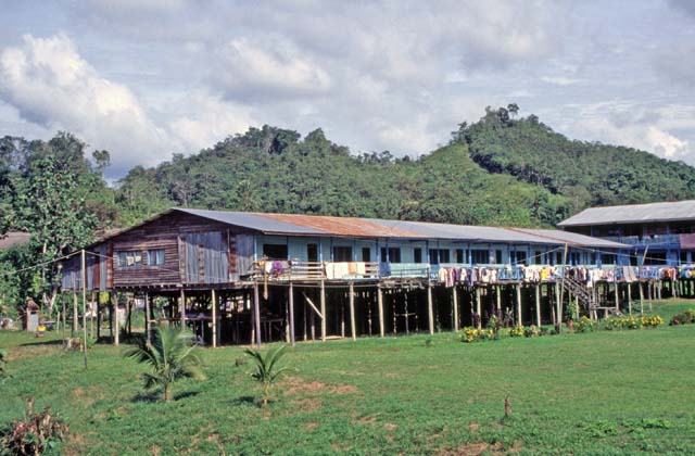 Modern longhouse near Kapit town. Sarawak,  Malaysia.