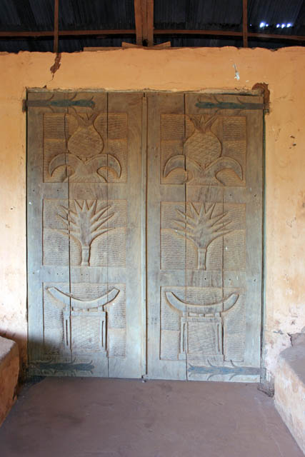Decorated doors at palace of Dahomey kings at Abomey town. Benin.
