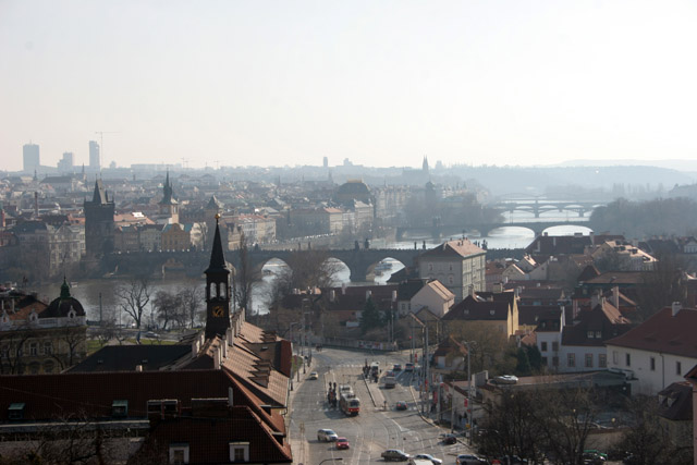 View to Mala Strana and Vltava river brigdes, Praha. Czech Republic.