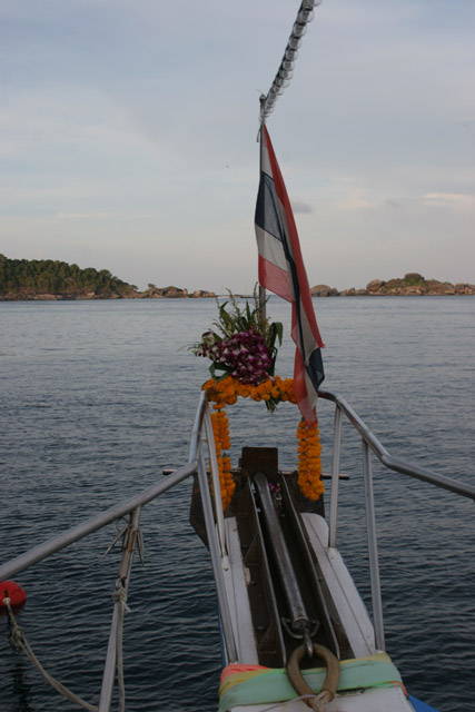 Every boat must have small shrine at the front, liveaboard, Similan Islands. Thailand.